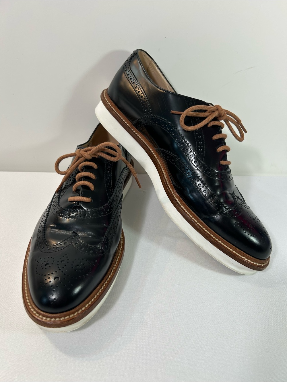 Tod's Black Brogue Wingtip Flats with Brown Laces and White Sole